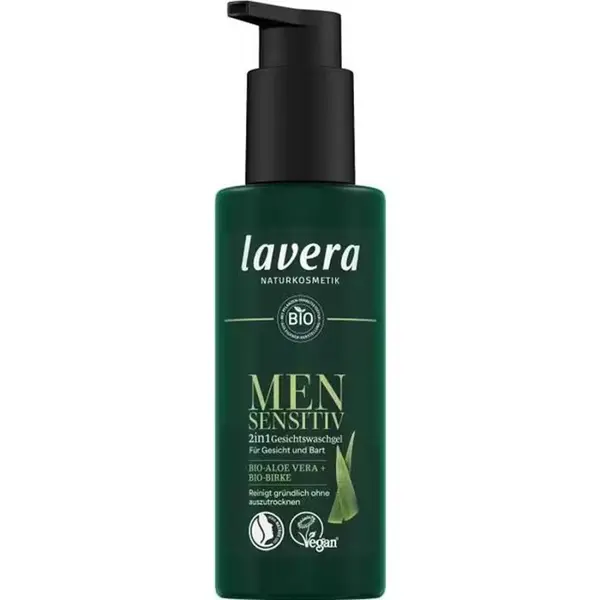 Gel sensitiv pentru barbati 2 in 1 pentru spalarea fetei si a barbii cu aloe vera bio si mesteacan bio - 150 ml