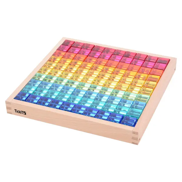 Gem Cube, set 100 cuburi acrilice cu tava din lemn