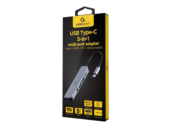 Gembird A CM COMBO5 02 - Adapter USB C 5 in 1, HDMI 4K, PD 87W, USB 3.1, USB 2.0, Audio 3.5mm