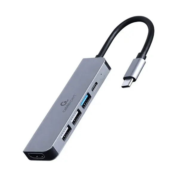 GEMBIRD Adaptor multiport Gembird A-CM-COMBO5-03, USB Type-C 5-in-1, USB-C x 1, USB-A 3.1 x 1, USB-A 2.0 x 2, HDMI x 1, PD 87W, Argintiu