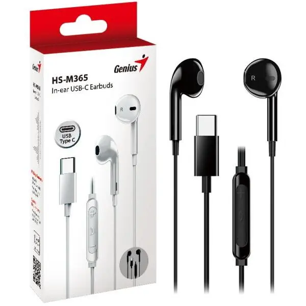 genius Casti Genius, „HS-M365”, cu fir, intraauriculare, pentru smartphone, microfon pe fir, conectare prin USB-C, negru