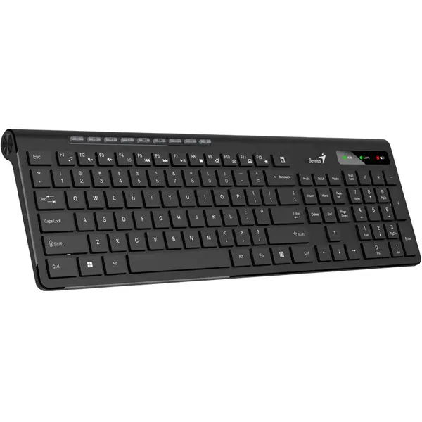 genius Tastatura GENIUS, wireless 2.4 GHz, multimedia, 104 taste + 12 taste multimedia, Design ergonomic, USB, Negru, SlimStar 7230, 31310021400