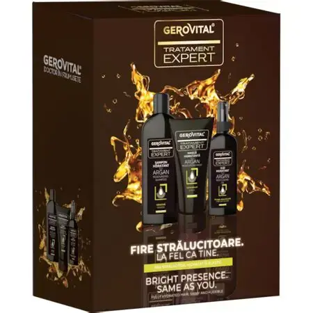 Gerovital Tratament Expert caseta 44670 (Sampon hidratant cu argan 250ml + Masca hidratanta cu argan 150ml + Ulei hidratant de argan) 1 Pach. Farmec