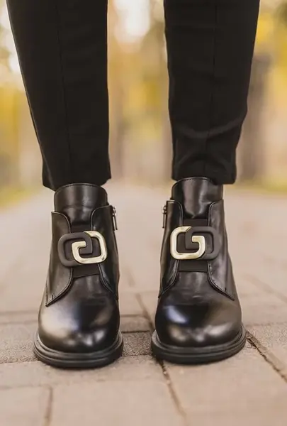 Ghete Casual Dama din Piele Bex Negre cu Accesoriu - FENE