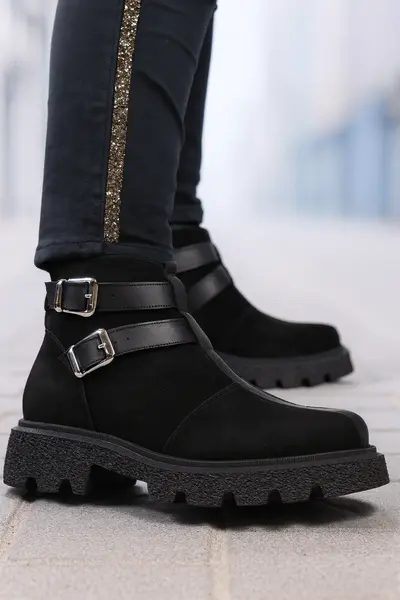 Ghete Casual Dama din Piele cu Catarame Negre - TRYZZ