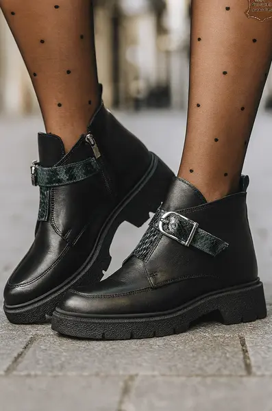 Ghete Casual Dama din Piele Negre cu Imprimeu - DIZA