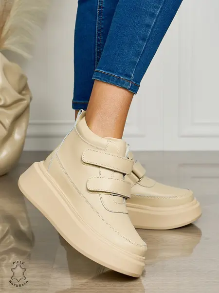 Ghete casual din piele naturală talpa solida cu Velcro si fermoar CRL1512 BEJ