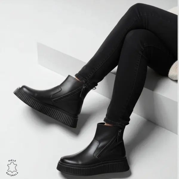 GHETE DAMA din PIELE Naturala cu talpa groasa cu dublu fermoar CRL1533NEGRU