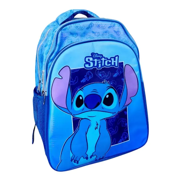 Ghiozdan copii, 42x30x17 cm, cu trei compartimente si doua buzunare laterale, albastru, bretele ergonomice, intarite si ajustabile, benzi reflectorizante, Stitch Engros