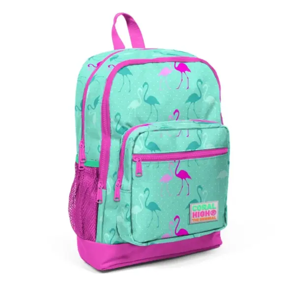 Ghiozdan cu 4 compartimente, Coral High, turcoaz cu flamingo