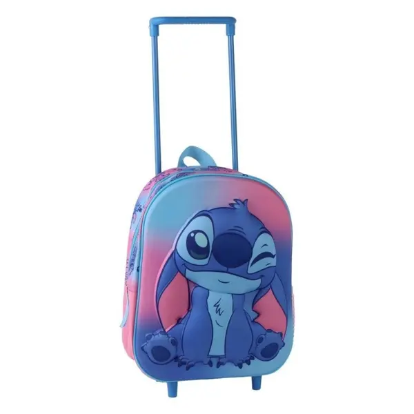 Ghiozdan gradinita Stitch 3D tip troller, 1 compartiment, albastru cu roz, 25x30x12 cm