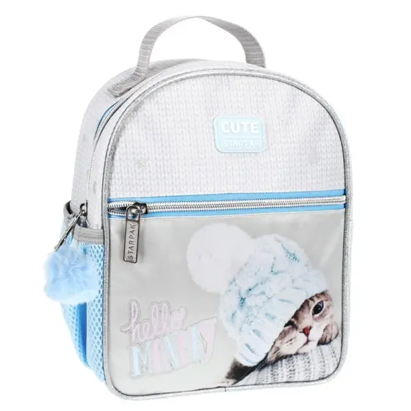 Ghiozdan Pisicuta Kitty pentru gradinita, 1 compartiment, gri cu bleu,20x9x25 cm