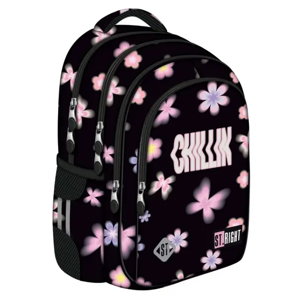 Ghiozdan scoala fete St. Majewski Flower Mood, 4 compartimente, negru, 40x28x18 cm