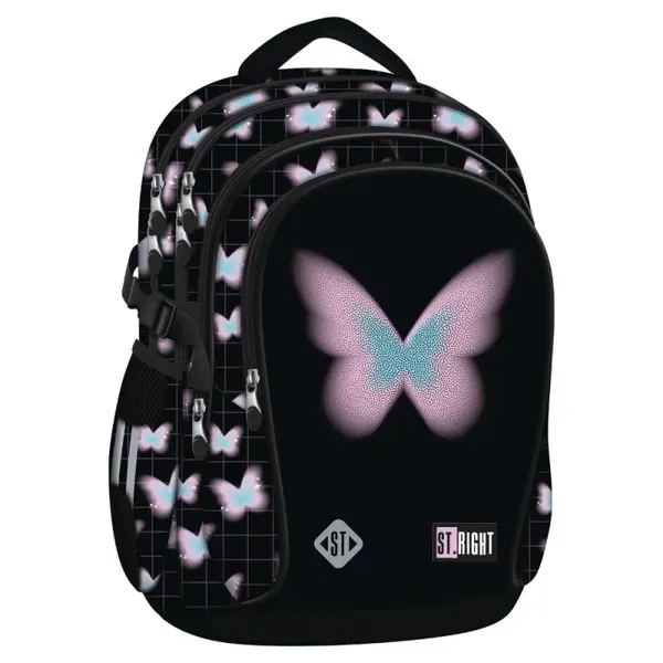 Ghiozdan scoala fete St. Majewski Pastel Butterfly, 4 compartimente, negru, 42x32x21 cm
