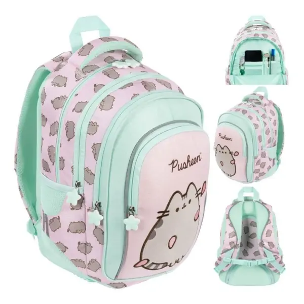 Ghiozdan scoala Pusheen, 4 compartimente, verde cu roz, 40x28x18 cm