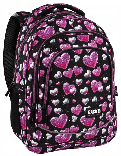 Ghiozdan școlar BackUp 8 X - Glitter Hearts, cu 3 compartimente