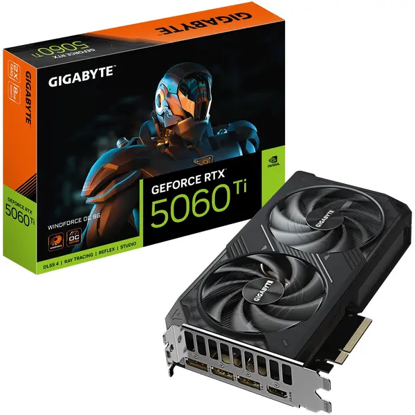 GIGABYTE GeForce RTX 5060 Ti WINDFORCE OC 8GB GDDR7 - PCIe 5.0, 3 DP + HDMI 2587 MHz, GeForce RTX 5000, Negru