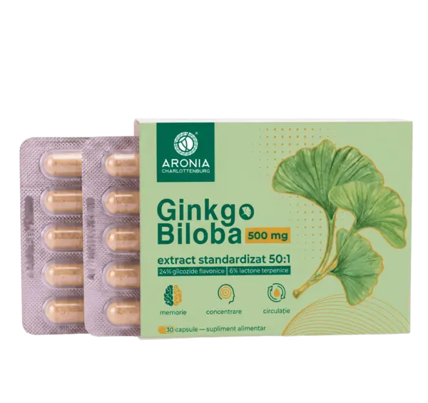 Ginkgo Biloba 500 mg — 30 capsule cu extract concentrat din frunze, pentru memorie, concentrare și circulație