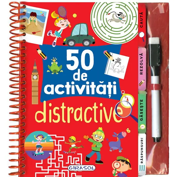 GIRASOL Carte de activitati Girasol 50 de activitati distractive, Varsta 3+, Paginile plastifiate, Carioca inclusa