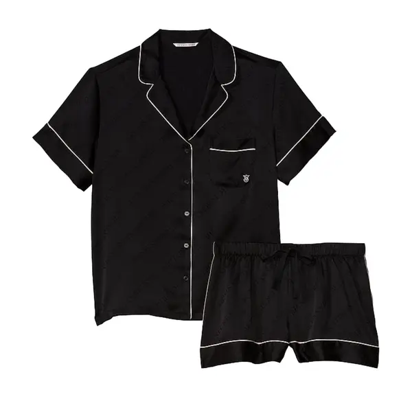 Glazed satin short pajama set - black M