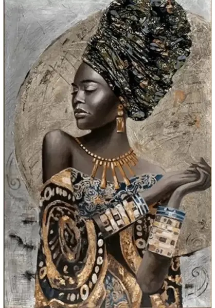 Goblen diamant MagicArt – Africancă cu bijuterii aurii, 40 x 50 cm, cu mărgele rotunde