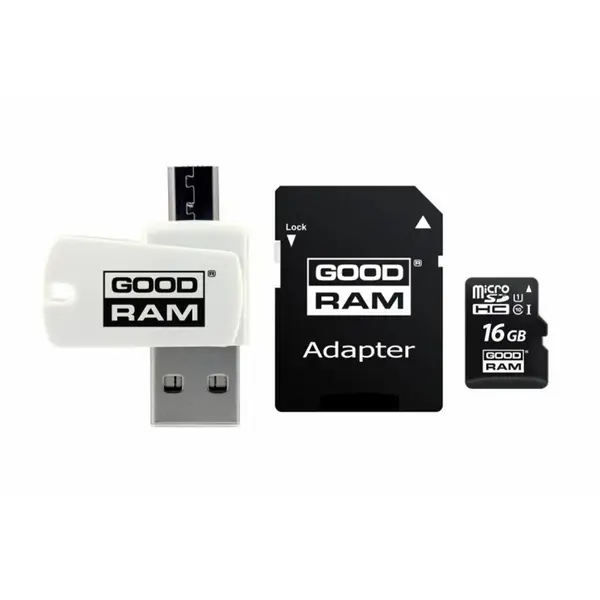 GOODRAM MicroSDHC, 16GB, clasa 10, UHS I, Adaptor si cititor de carduri, GoodRam