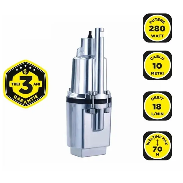 Gospodarul Profesionist Pompa submersibila cu vibratii, apa curata, Gospodarul Profesionist, vmp-60, 280w, 1000 l/h 17x14x54 cm, Argintiu