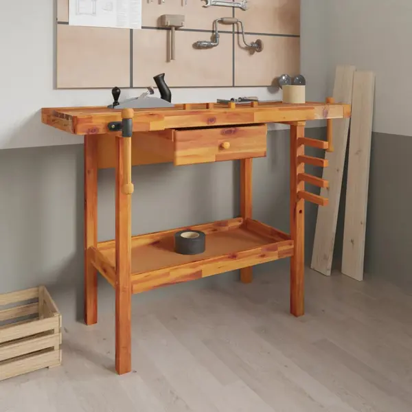 Gossi banc de lucru cu sertar si menghine, 124x52x83 cm, lemn acacia