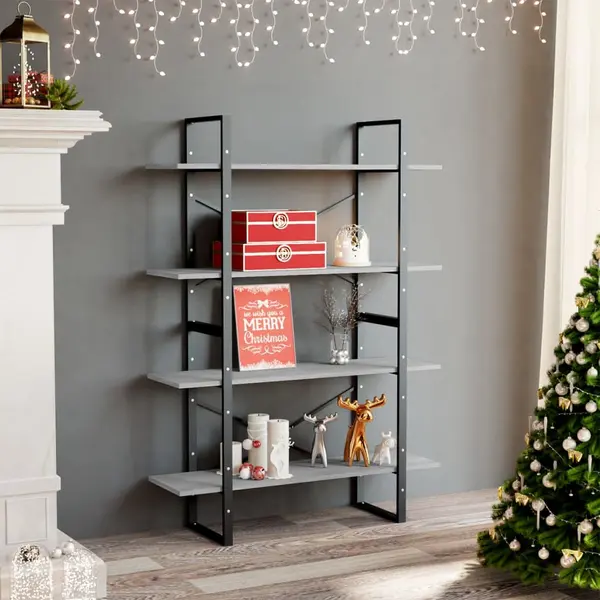 Gossi biblioteca, 4 rafturi, gri beton, 100x30x140cm, lemn prelucrat