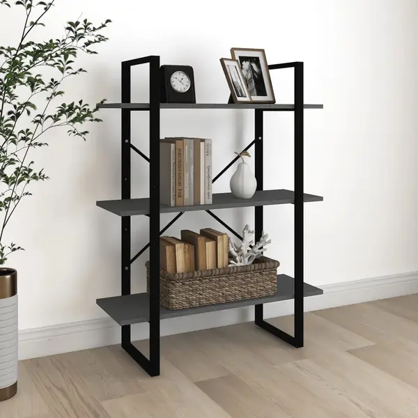 Gossi biblioteca cu 3 rafturi, gri, 80x30x105 cm, lemn masiv de pin