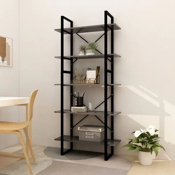 Gossi biblioteca cu 5 rafturi, gri, 80x30x175 cm, lemn prelucrat