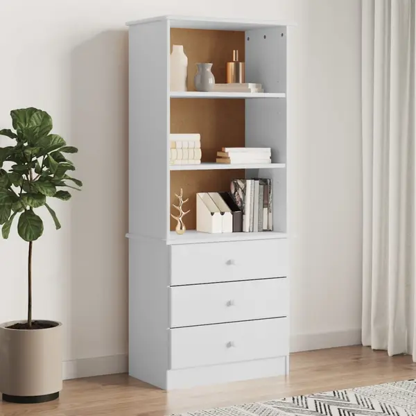 Gossi biblioteca cu sertare „alta”, alb, 60x35x142 cm, lemn masiv pin