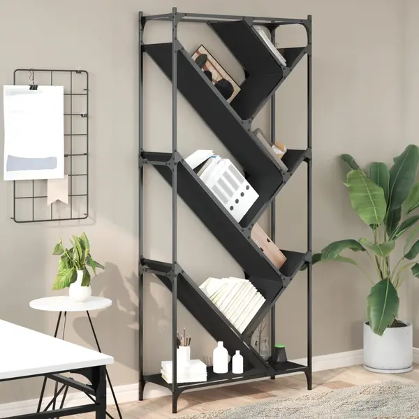 Gossi biblioteca, negru, 79x30x180 cm, lemn prelucrat si metal