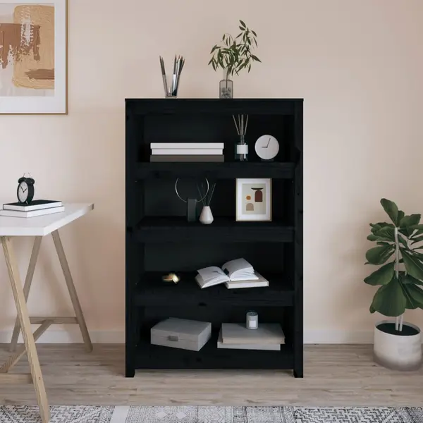 Gossi biblioteca, negru, 80x35x126 cm, lemn masiv de pin