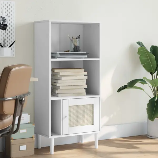Gossi biblioteca senja aspect ratan alb 60x35x130 cm lemn masiv pin