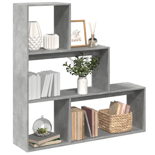Gossi biblioteca/separator 3 niveluri gri beton 123x29x123 cm lemn