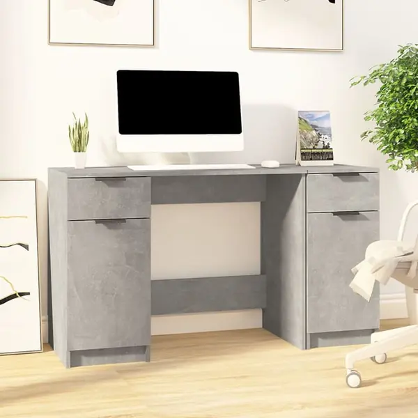 Gossi birou cu dulap lateral, gri beton, lemn prelucrat