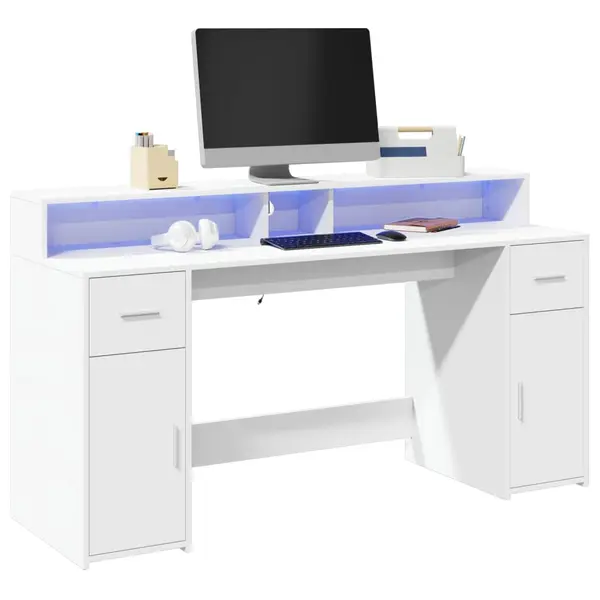 Gossi birou cu lumini led, alb, 160x55x91 cm, lemn prelucrat