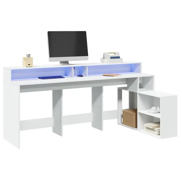 Gossi birou cu lumini led, alb, 200x104x91 cm, lemn prelucrat