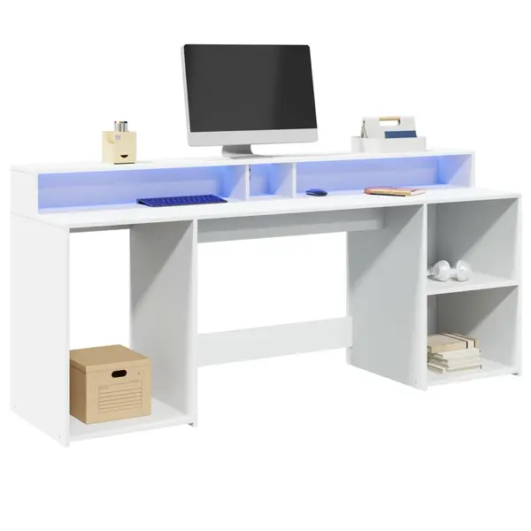 Gossi birou cu lumini led, alb, 200x55x91 cm, lemn prelucrat