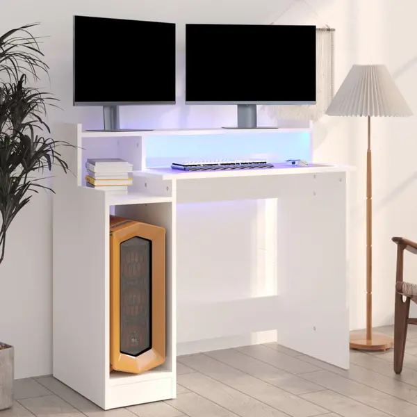 Gossi birou cu lumini led, alb, 97x90x45 cm lemn compozit