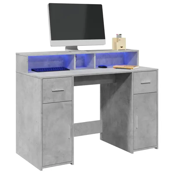 Gossi birou cu lumini led, gri beton, 120x55x91 cm, lemn prelucrat
