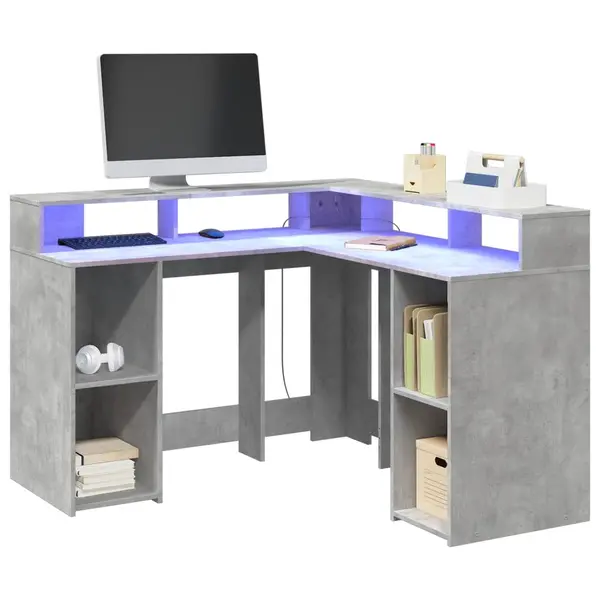 Gossi birou cu lumini led, gri beton, 130x130x91 cm, lemn prelucrat