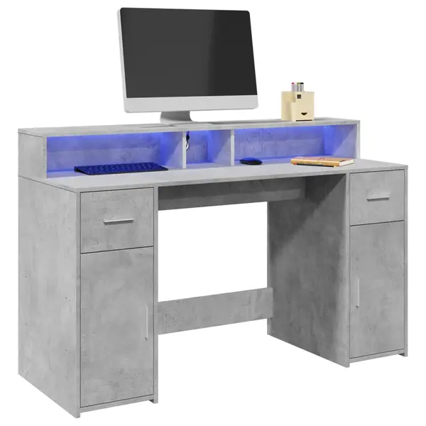 Gossi birou cu lumini led, gri beton, 140x55x91 cm, lemn prelucrat