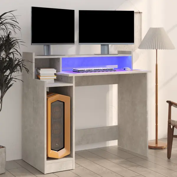 Gossi birou cu lumini led, gri beton, 97x90x45 cm, lemn compozit