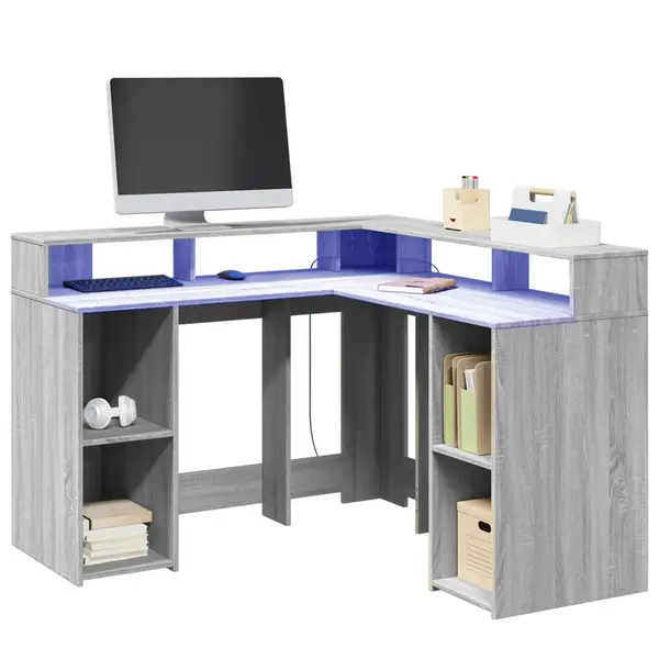 Gossi birou cu lumini led, gri sonoma, 130x130x91 cm, lemn prelucrat
