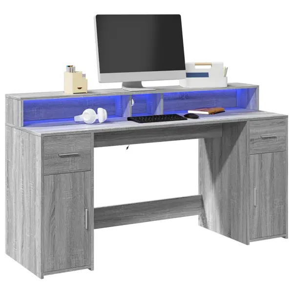 Gossi birou cu lumini led, gri sonoma, 160x55x91 cm, lemn prelucrat