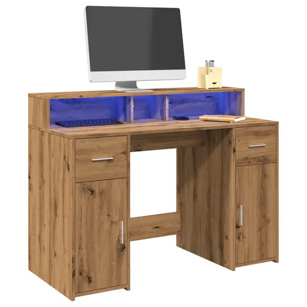 Gossi birou cu lumini led stejar artizanal 120x55x91cm lemn prelucrat