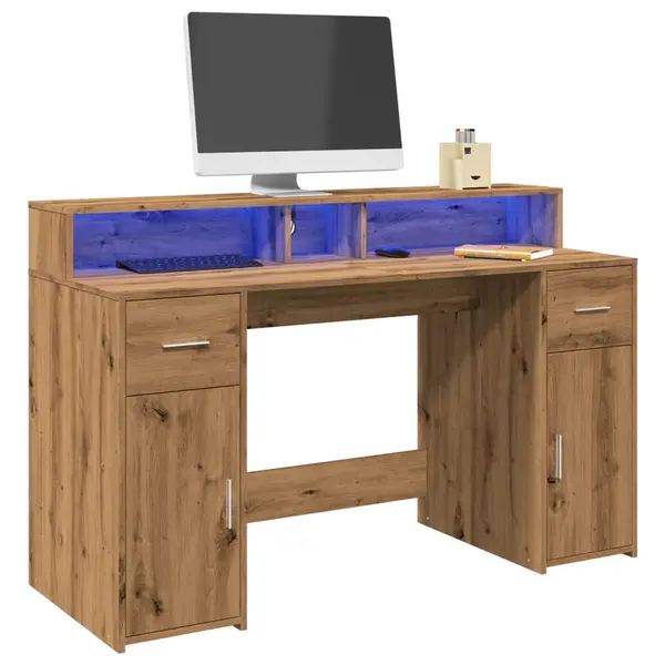 Gossi birou cu lumini led stejar artizanal 140x55x91cm lemn prelucrat