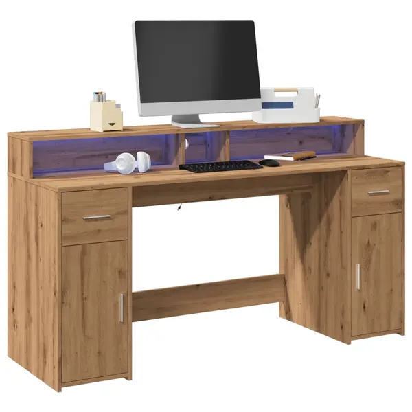 Gossi birou cu lumini led stejar artizanal 160x55x91cm lemn prelucrat